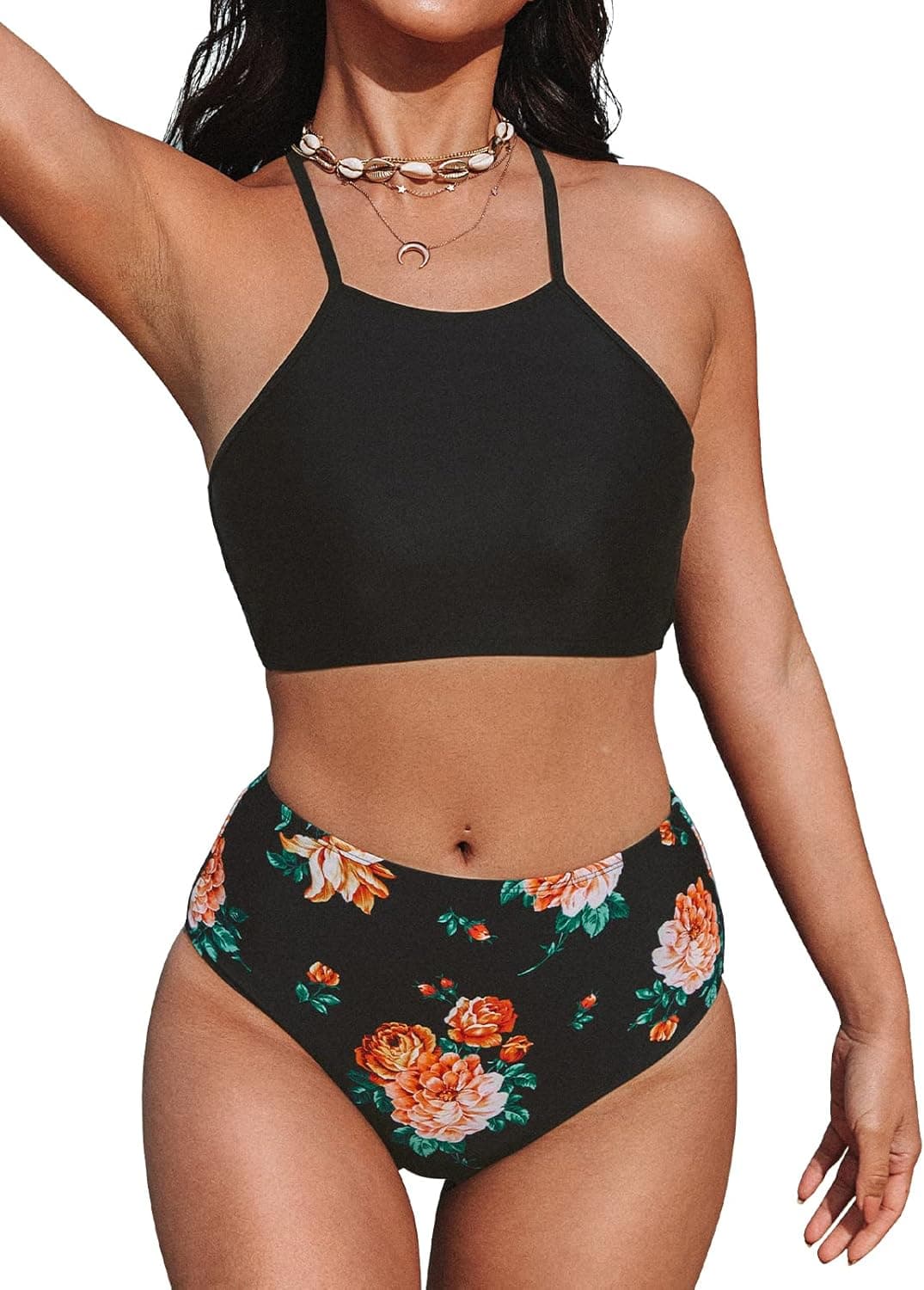 SEASELFIE Women's Two Piece High Neck Bikinis Swimsuits Modest Crop Top Bathing Suits for Teens
