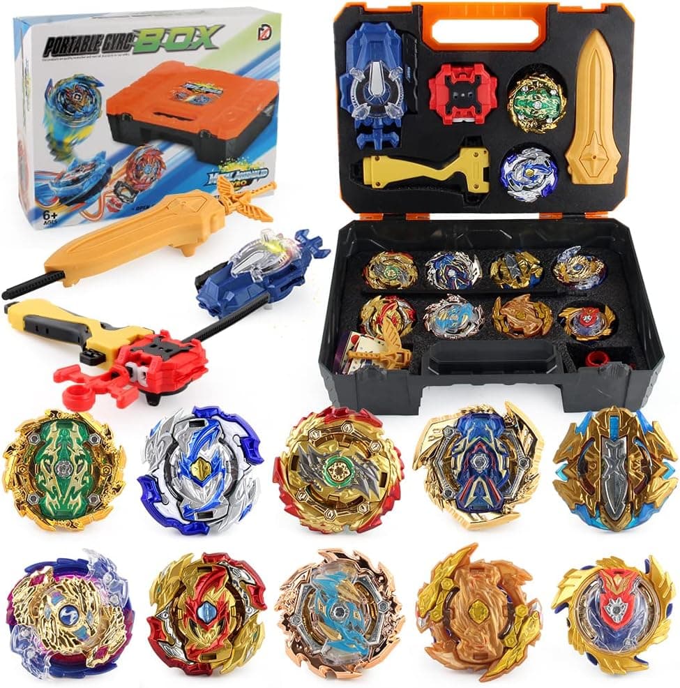 BeyBtatle Battling Top Burst Gyro Toy Set Combat Game 10 Spinning Tops 1 Spark bidirectional and 2 bidirectional launchers Bay Bleeds with Portable Storage Box Gift for Kids Children Boys Ages 6+