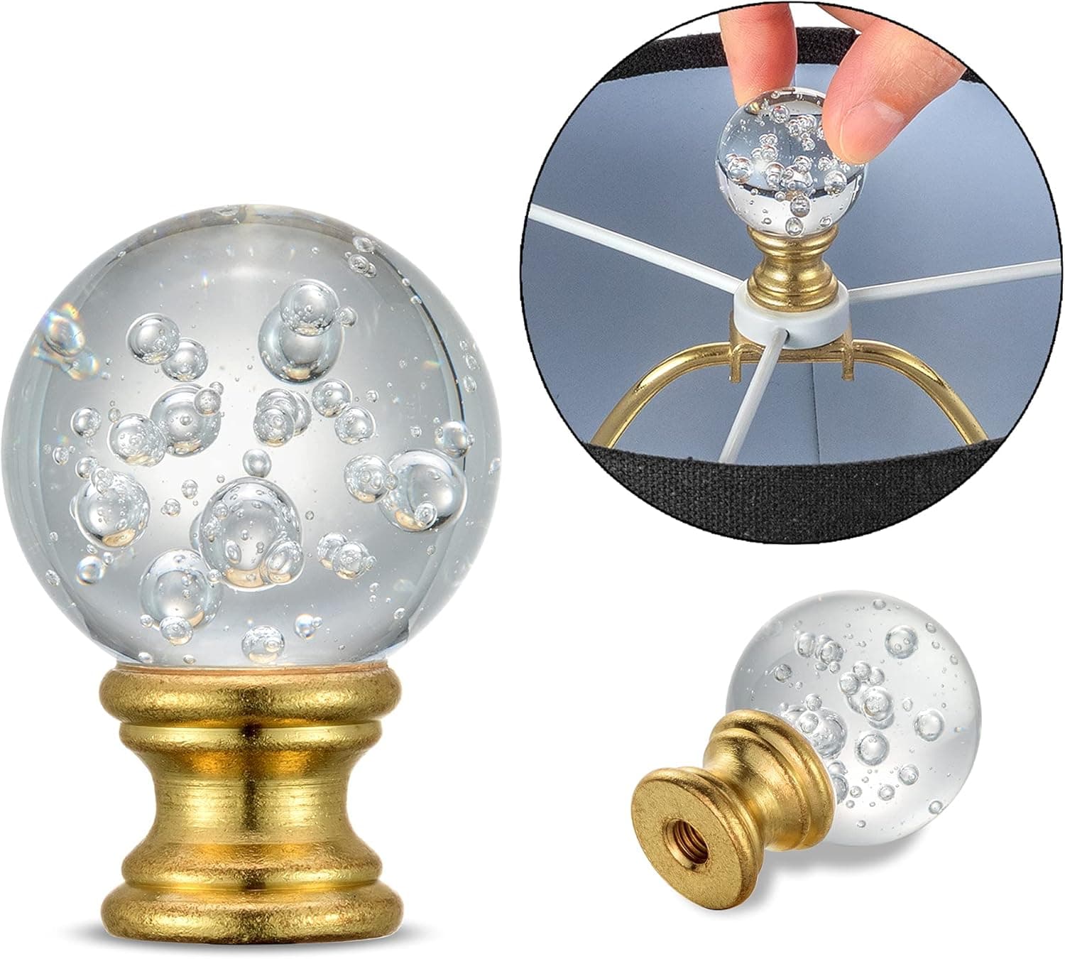 Crystal Lamp Finials with Polished Brass Finish Base, Ball Shaped Clear Bubbles Glass with Screw Knob Cap, Decoration Accessories for Table and Floor Lamps Shade Top (2 Pack)