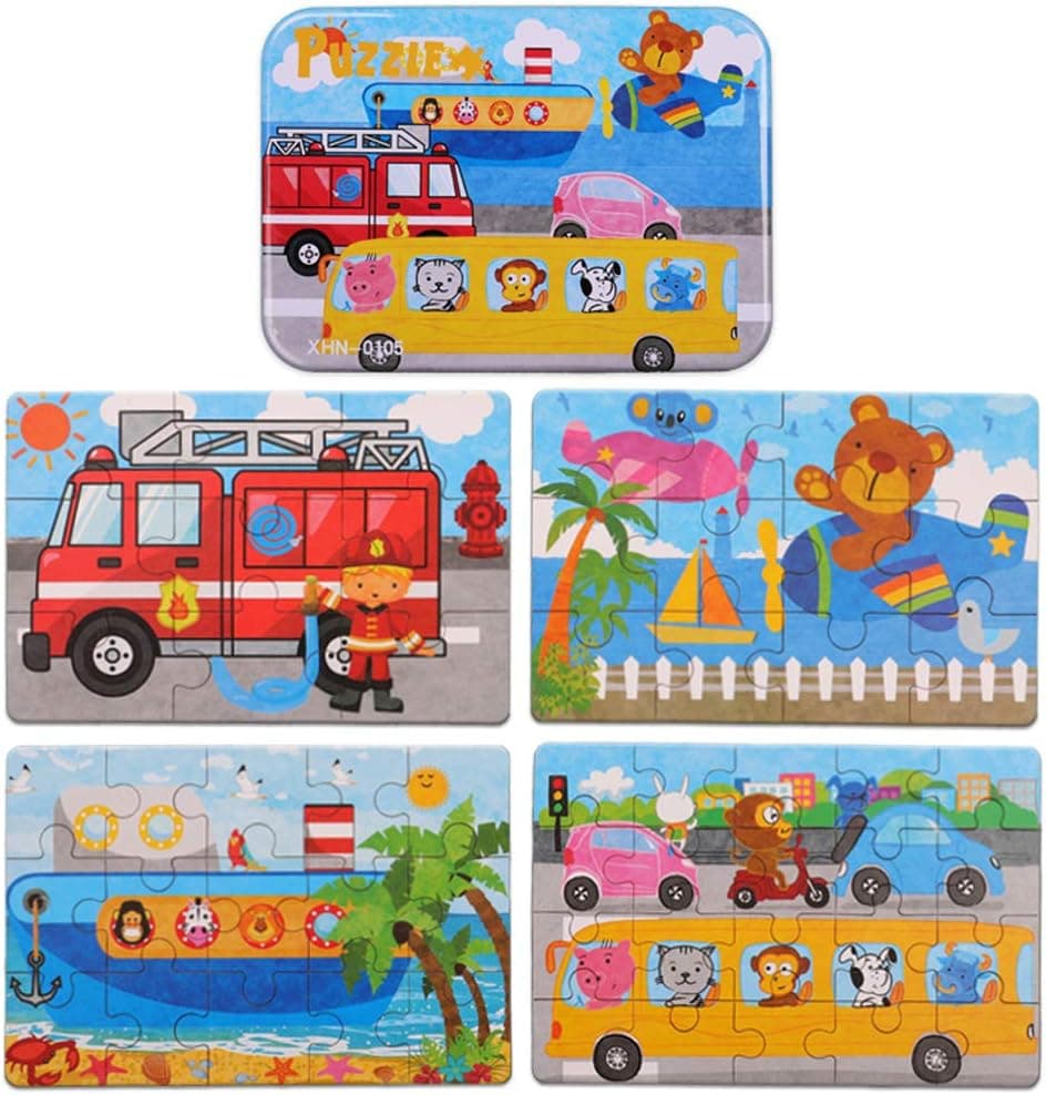 Zocita Cartoon Fire Engine Jigsaw Puzzle Sets, 4-Pack in One Iron Box for Easy Storage, 6.7x4.7in