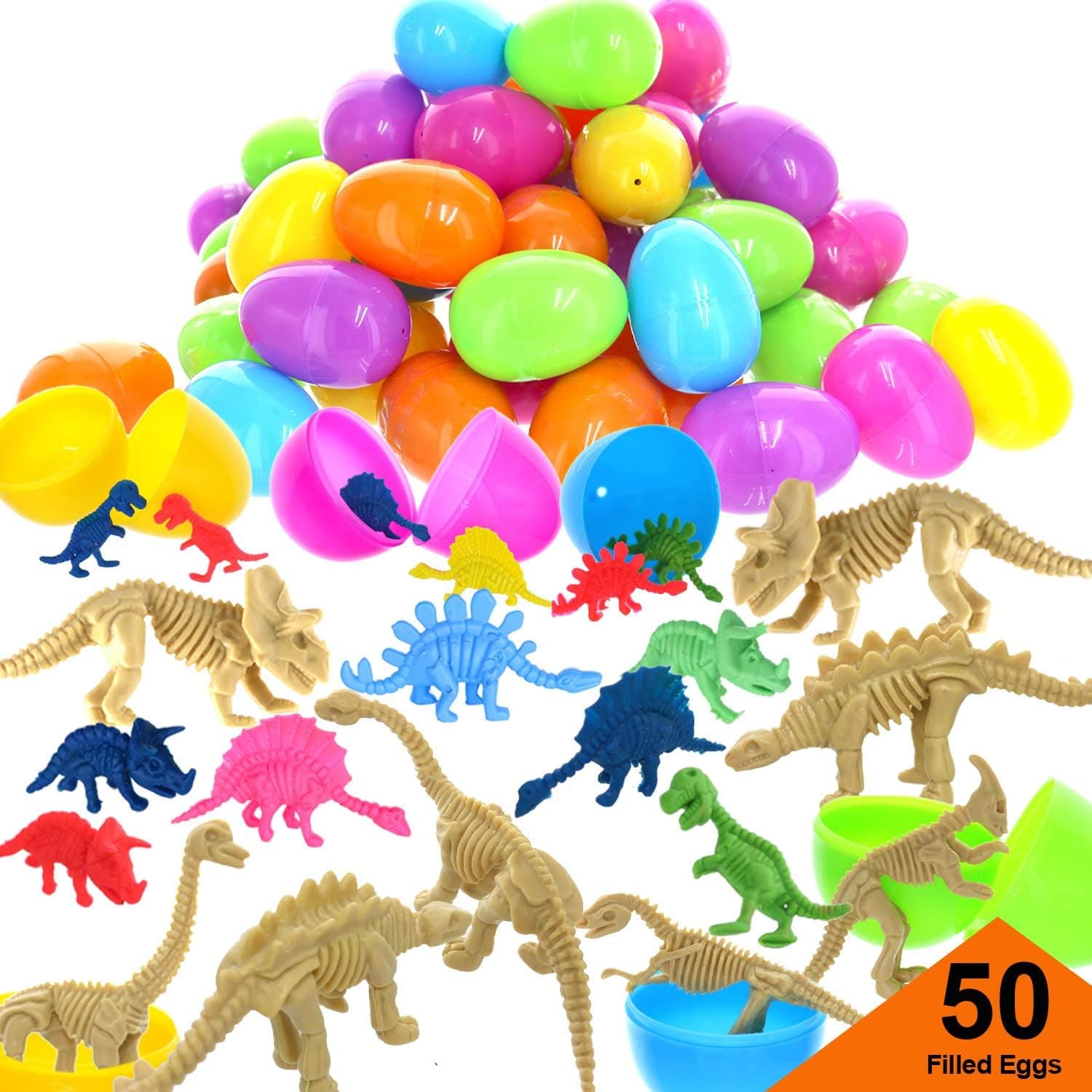 GiftExpress 50 Pcs Easter Eggs Prefilled Dinosaurs Fossil Skeletons Toys Assorted Dino Bones Figures- Prefilled Easter Basket Stuffers Perfect for Easter Egg Hunt, Easter Party Favors Goodies bag for Kids