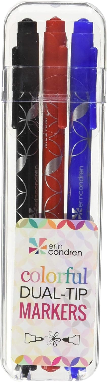 Erin Condren Designer Colorful Dual - Tip Markers - Black, Blue, Red 3 Pack. Fine and Standard Tip Set, Double Sided for Drawing, Coloring, and Art. for Kids and Adults