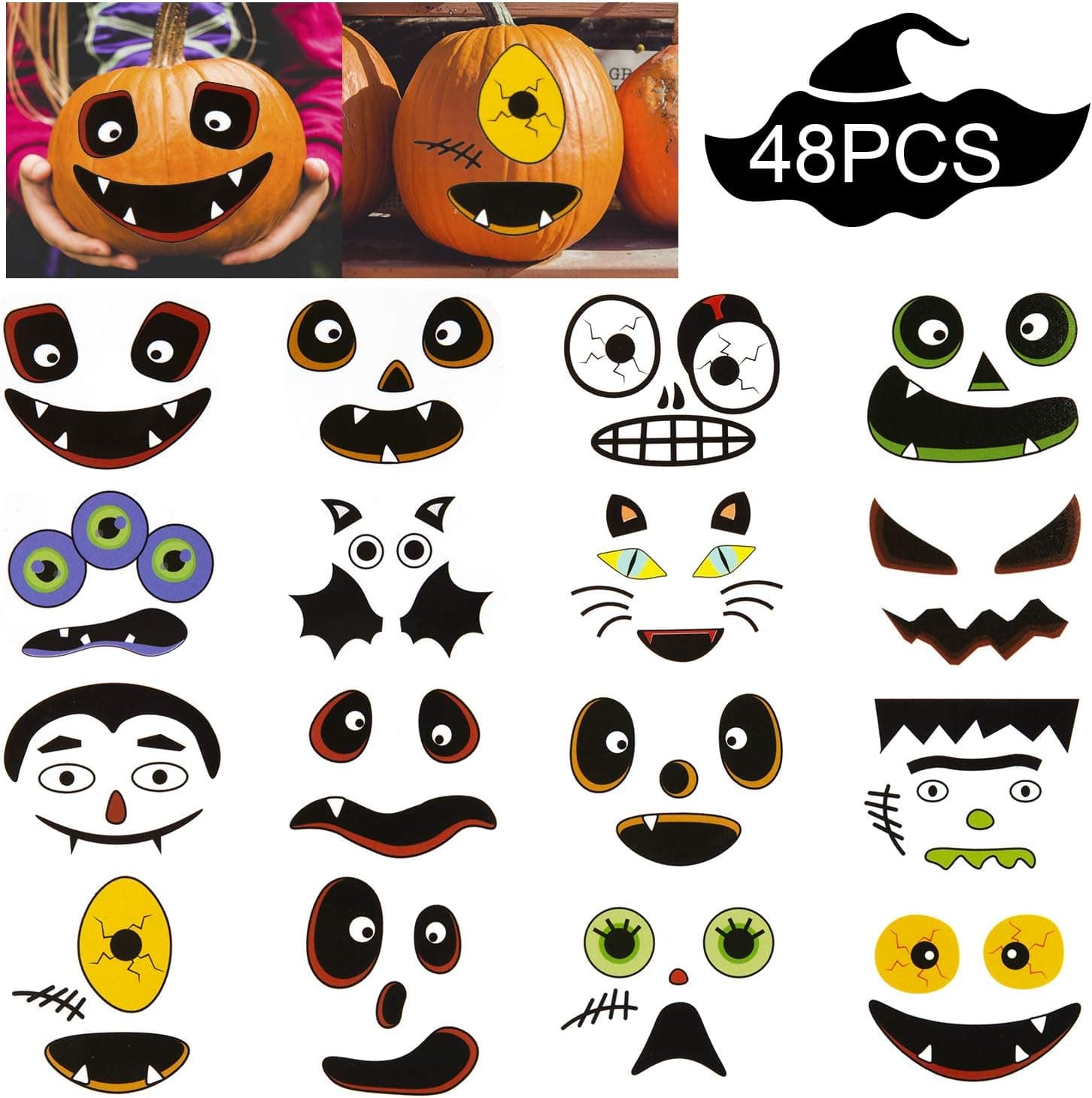 SAVITA Halloween Pumpkin Decorating Stickers Cute Pumpkin Stickers with Assorted Fun Design for Halloween Party Favors (12 Sheets, 48 PCS Face Stickers )