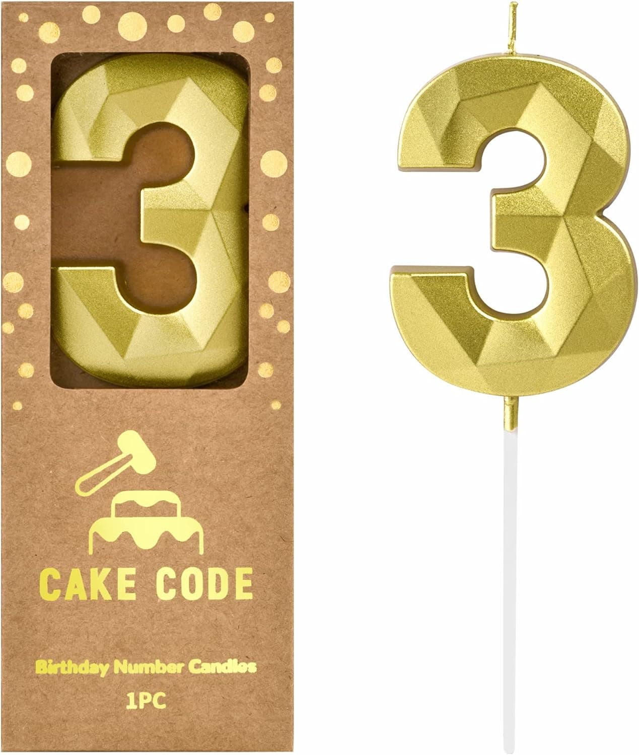 CAKE CODE 2.76 Inch Crystal Gold 3 Number Birthday Candles, Gold Number Candles, Cake Number Candles, Party Celebration