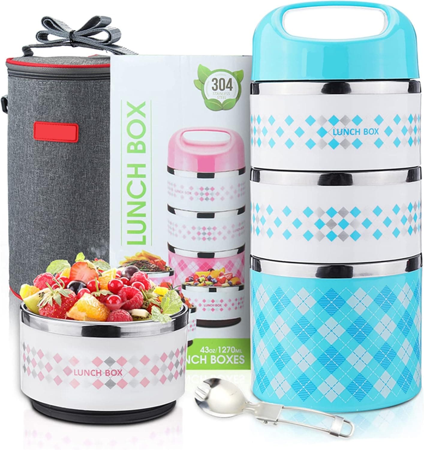 Thermal Lunch Box Stackable Lunch Box, 3-Tier Insulated Food Container Stainless Steel with Insulated Lunch Bag Foldable Spoon 43oz Blue