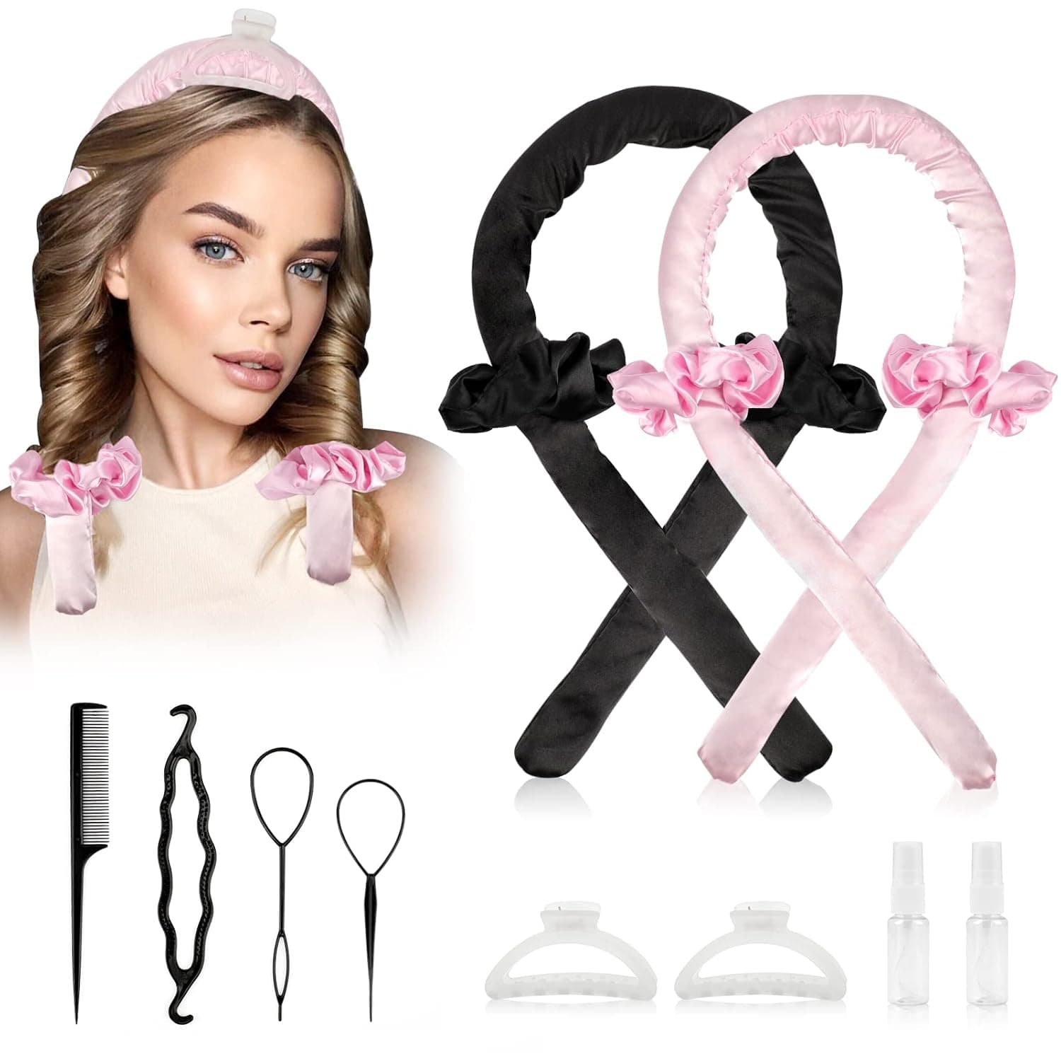 2 Packs Heatless Curling Rod Headband, QUEARN No Heat Curlers Hair Rollers to Sleep in Curl Ribbon with Scrunchies Hair Clips Overnight Hair Curlers for Women Long Hair Styling Tools(Black+Pink)