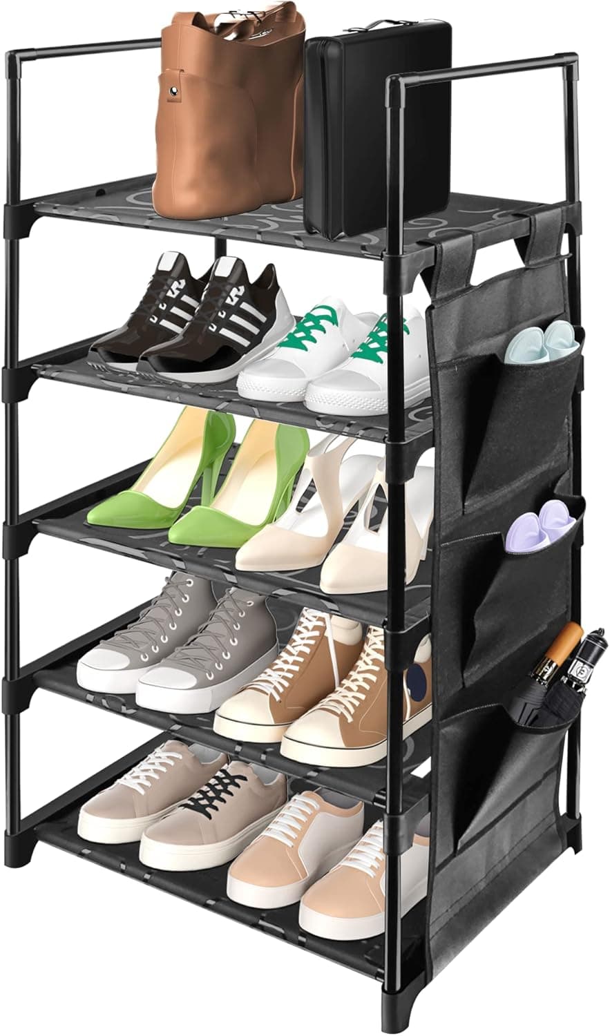 Moweallarge 5-Tier Shoe Rack Storage 12-17 Pairs Stackable Shoes Stand with 3-Side Pockets for Small Space Closet Dormitory Bedroom Entryway Hallway