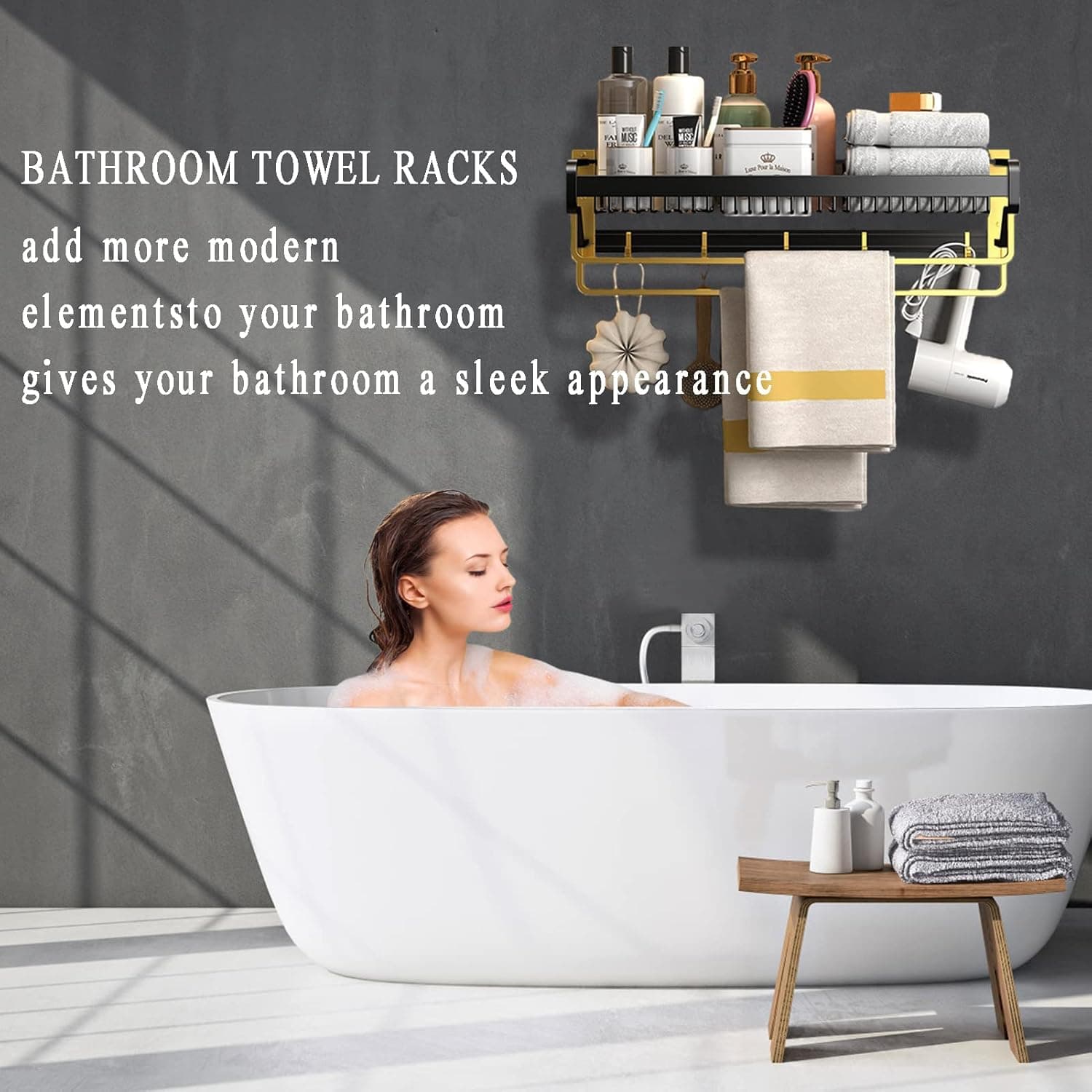 EOSWRU Bathroom Towel Rack, Towel Racks with Double Towel Bar and Shelf, 20in Bath Towel Shelf Aluminum Wall Mounted Towel Holder, Towel Shelf for Hotel Toilet (Black)…