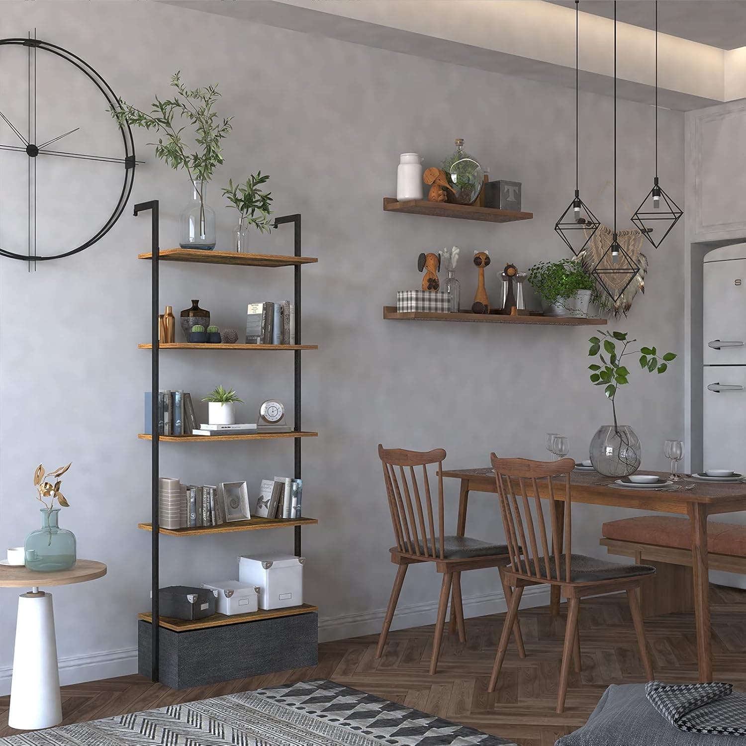 5 Tier Bookshelf with Drawers, Wall Mount Ladder Shelf Industrial Wood Bookcase with Metal Frame, Modern Display Shelves Storage Rack for Living Room, Bedroom, Home Office (Black)