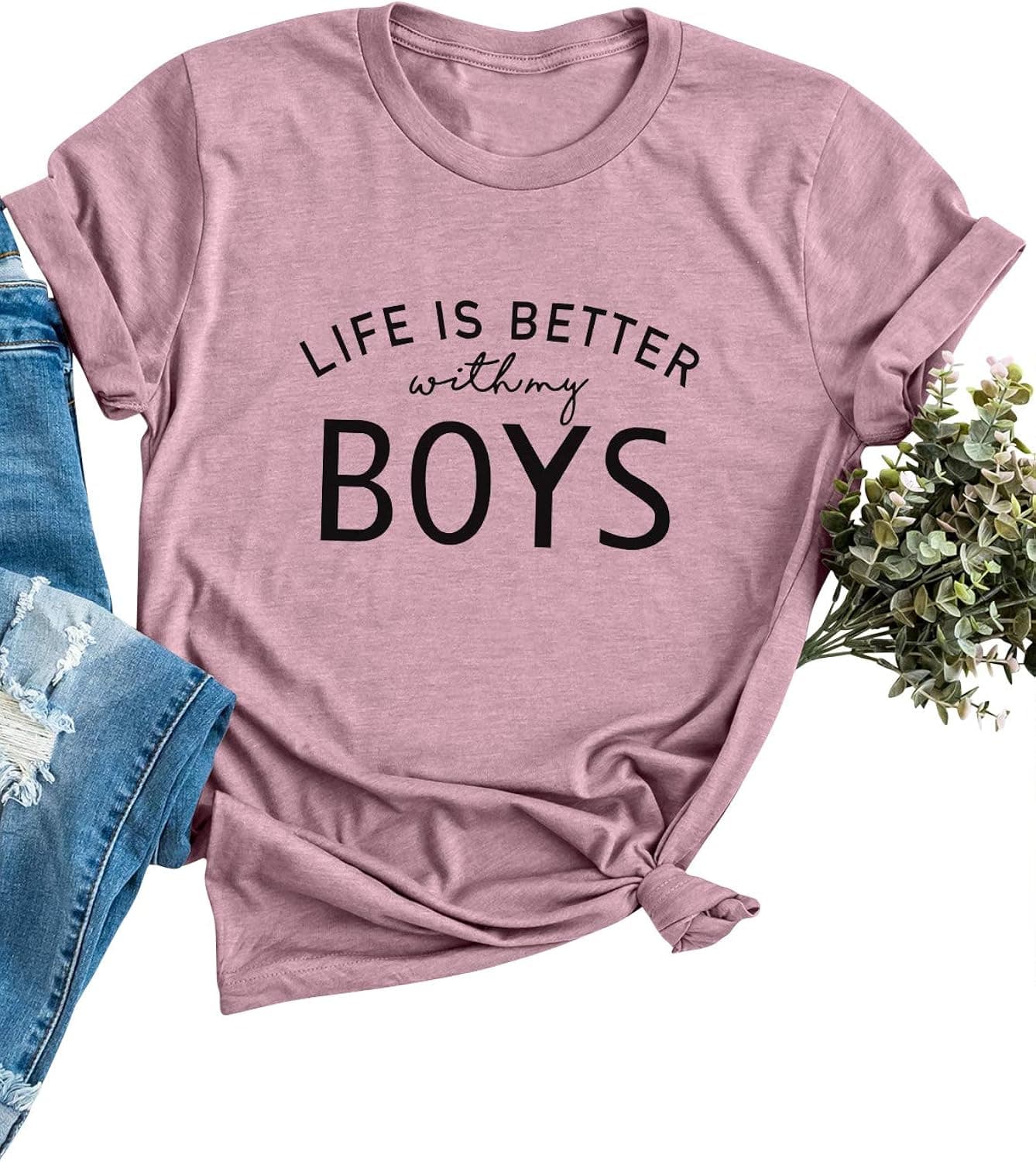 Life is Better with My Boys Mom Funny Graphic Tee Shirts Gift for Mothers Day T Shirts Womens Tops
