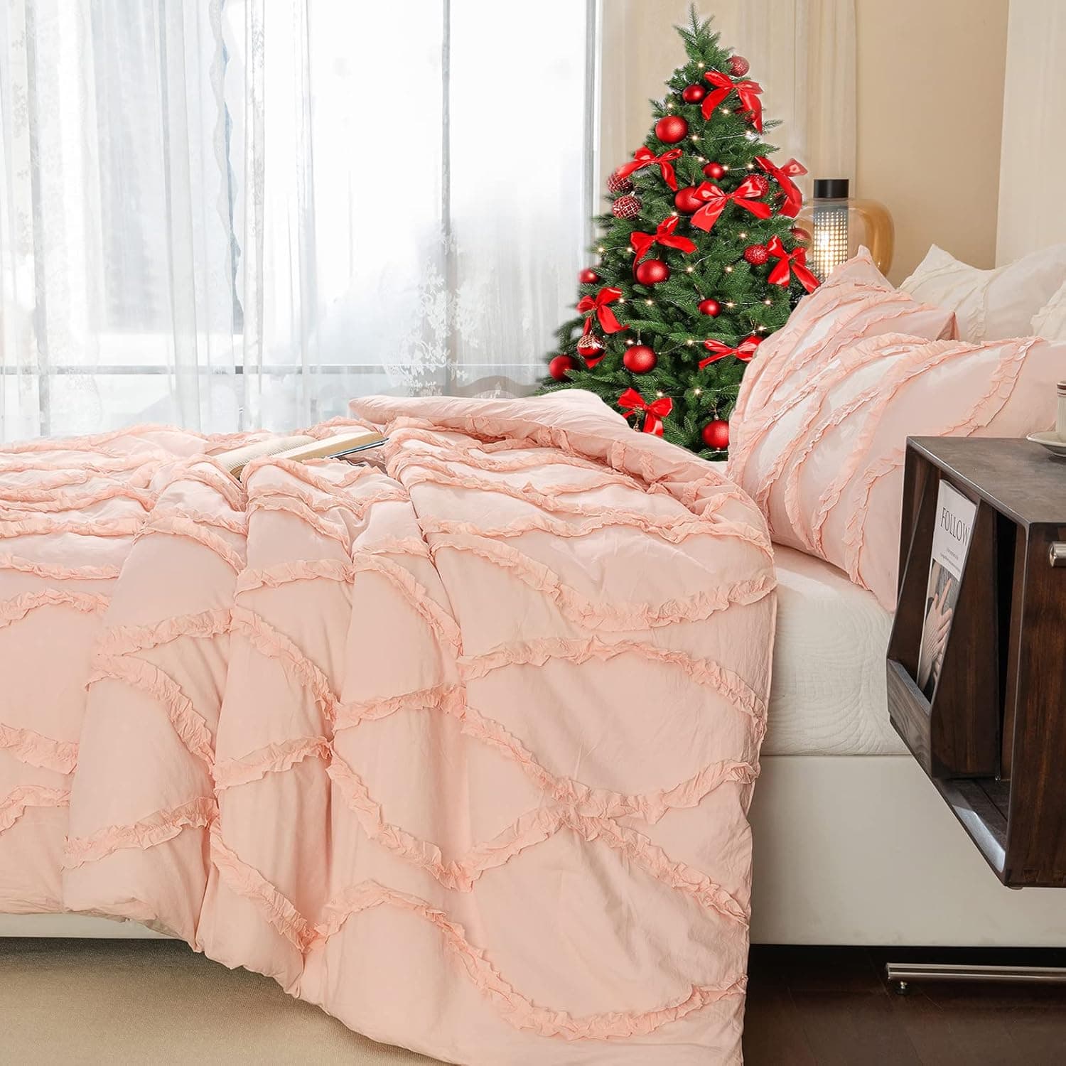 Pink Comforter Set 3 Pieces Girls Women Queen Bedding Comforter Blush Lace Ruffle Shabby Chic Bedding All Season Bed Comforter(Pink, Queen)