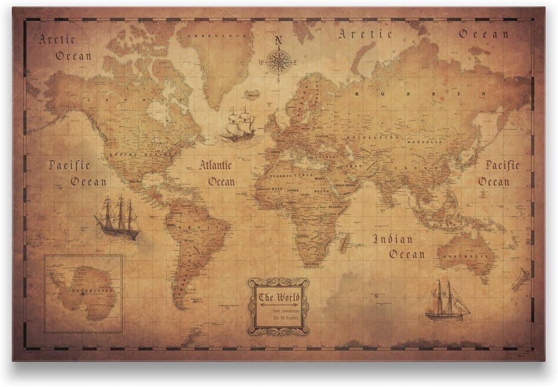 Conquest Maps Map of The World (Poster) Antique Vintage Map Decor-Travels & Adventures! Quality Matte Paper - Pirate Style World Treasure map - City/State/Country Labels - 2015 Data (48 x 32 Inches)