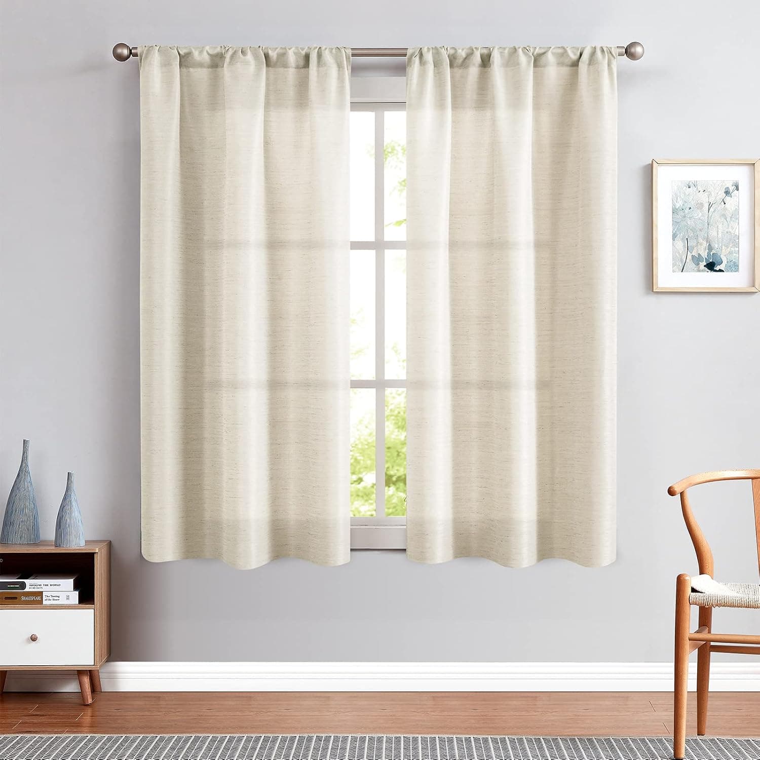 jinchan Linen Textured Curtains for Living Room Bedroom Jacquard Contemporary Lattice Light Filtering Rod Pocket Window Treatment Drapes 1 Pair 63 inch Beige