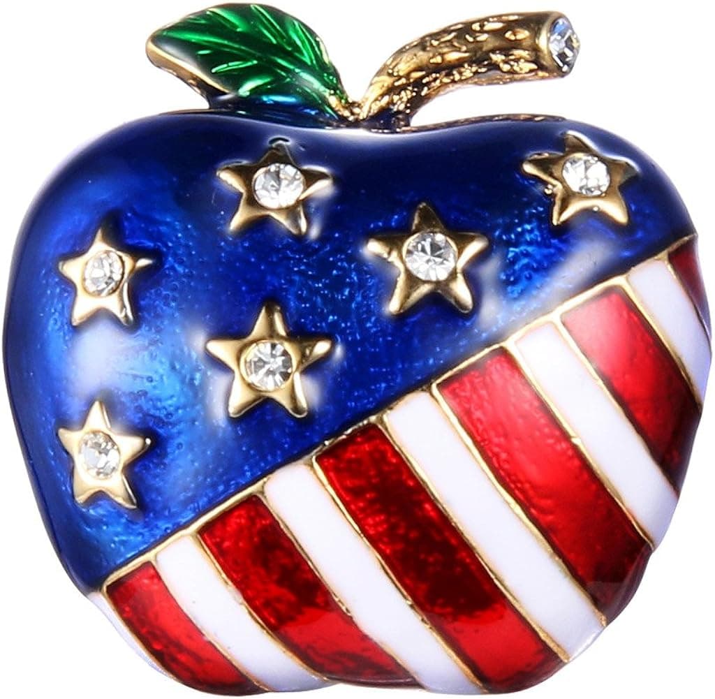 EVER FAITH Gold-Tone Austrian Crystal Enamel American Flag Stars Apple Brooch Pin Clear