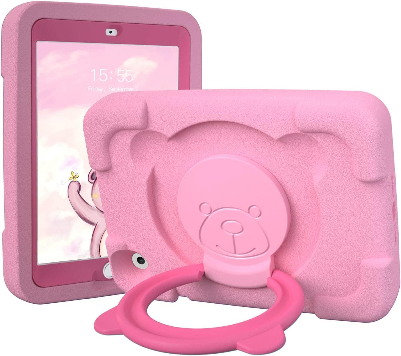 PZOZ Kids Case Compatible for Apple iPad Mini 4 5 7.9 inch, EVA Shockproof Rotate Handle Folding Stand Heavy Duty Protective Cute Boys Girls Cover for 4th Gen 5th Generation (Pink)