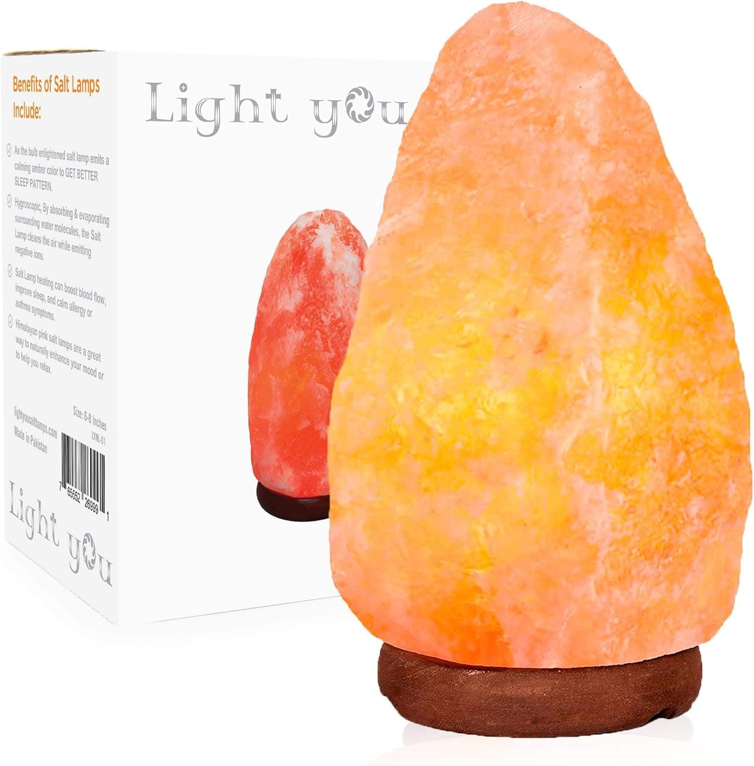 Light You Himalayan Salt Lamp Natural Shape with Wooden Base and 6ft UL-Approved Dimmer Switch Cord - 6 to 8 Inches