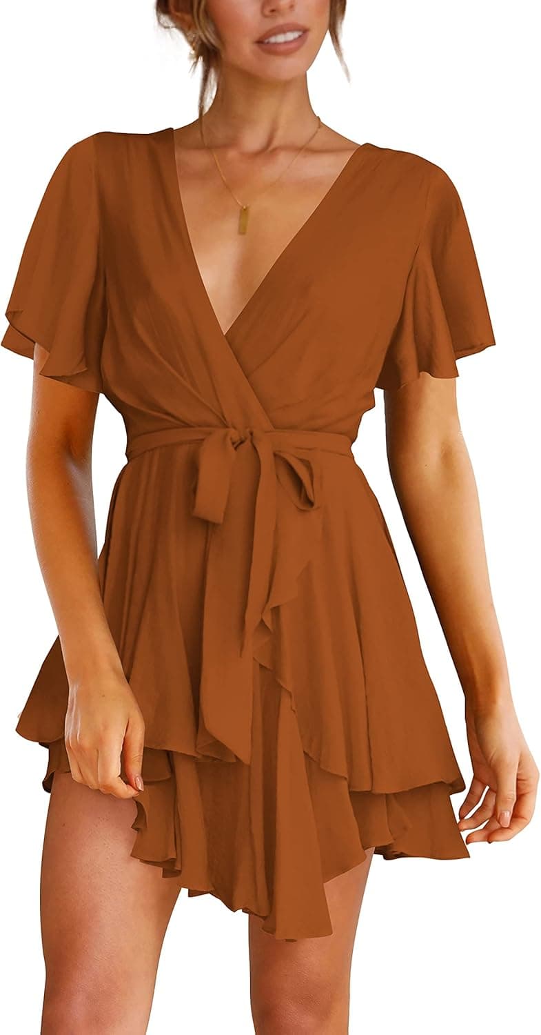 Atizon Long Sleeve Ruffle Dress for Women Feminine V Neck Polka Dot Loose Mini Dress