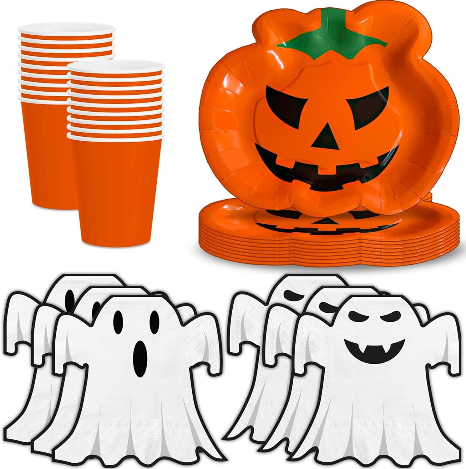 Halloween Party Supplies, 24 Serving - Pumpkin Shaped Plates, Ghost Shaped Napkins, Orange Cups - Disposable Halloween Decorations and Tableware for Parties
