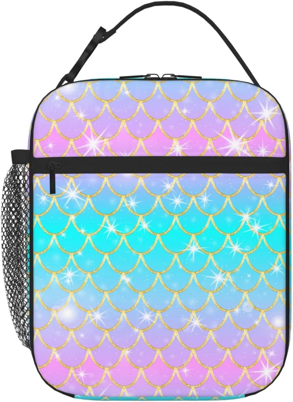 SARA NELL Mermaid Lunch Box Mermaid Fish Scales Sparkle Golden Glitter Hot Pink Lunch Bag Insulated Reusable Portable Lunch Tote Cooler Bag for Men Women Teens Kids, Rainbow Colorful Blue Green Pink