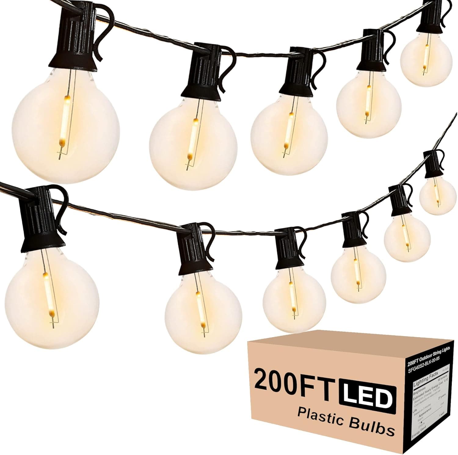 Outdoor String Lights LED 200FT Globe Patio String Lights with 104 Shatterproof Plastic Bulbs, G40 Dimmable Connectable Hanging Light for Backyard Bistro Cafe Outside Light String Lights, 2 Pack 100FT