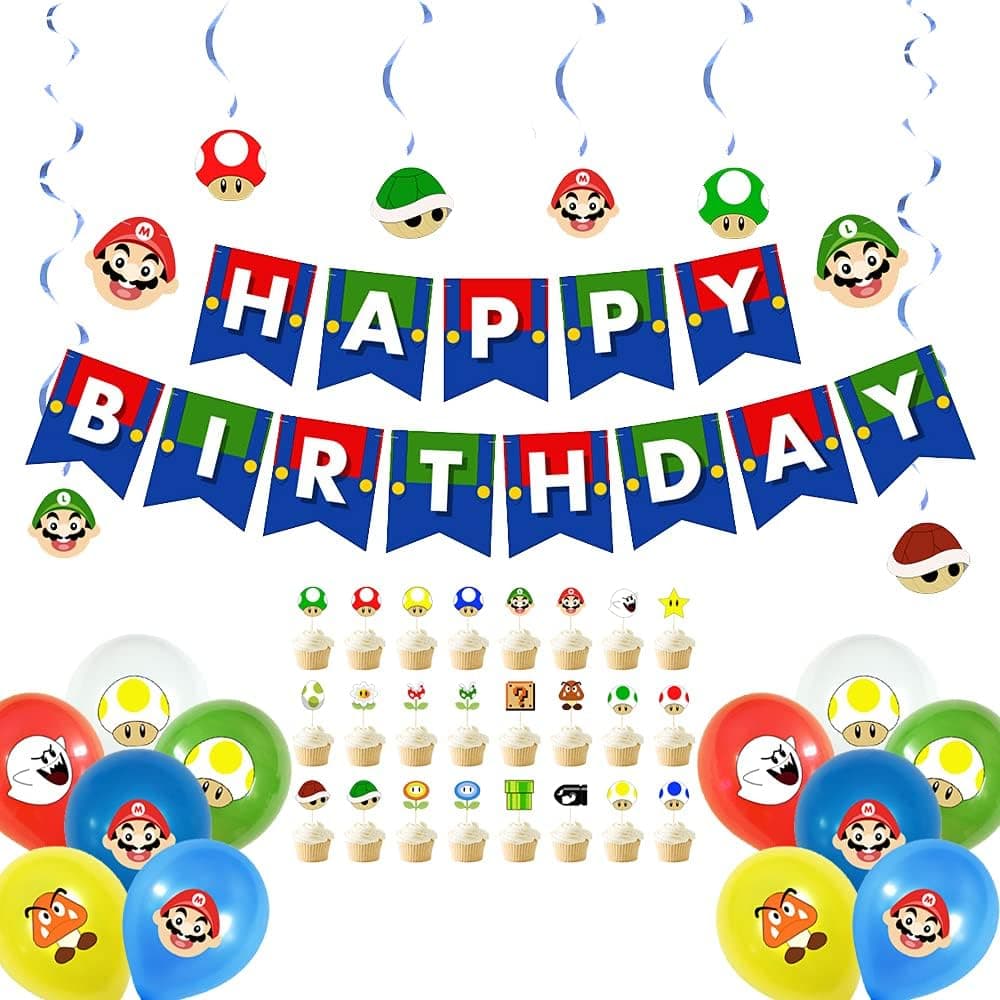 Mario Birthday Party Decorations for Kids Boys Girls Mario Themed Party Supplies Favors With Banner, Cake Toppers,Latex Balloons