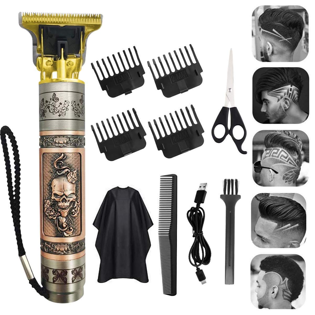 Professional Outliner Trimmer Cordless Hair Clippers Grooming Kit USB Charging T Blade Closed Trimmer Zero-gap Beard Trimmer Razor Oily Head Engraving Barbershop Accessories