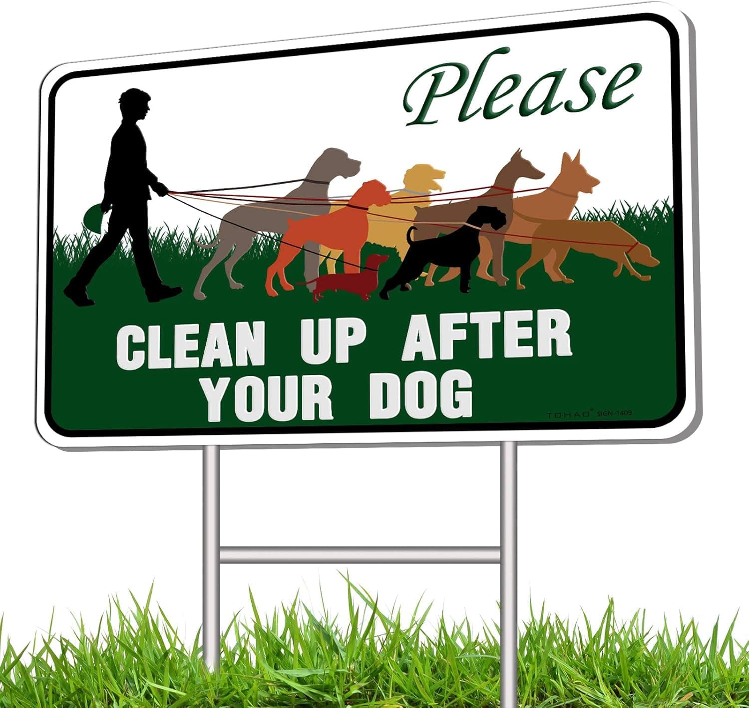 TOHAO Clean Up After Your Dog Sign, No Pooping Dog Lawn Signs, 14" x 9" Yard Sign with Metal Wire H-Stakes Included, Double Side Available, 5MM Corrugated Plastic