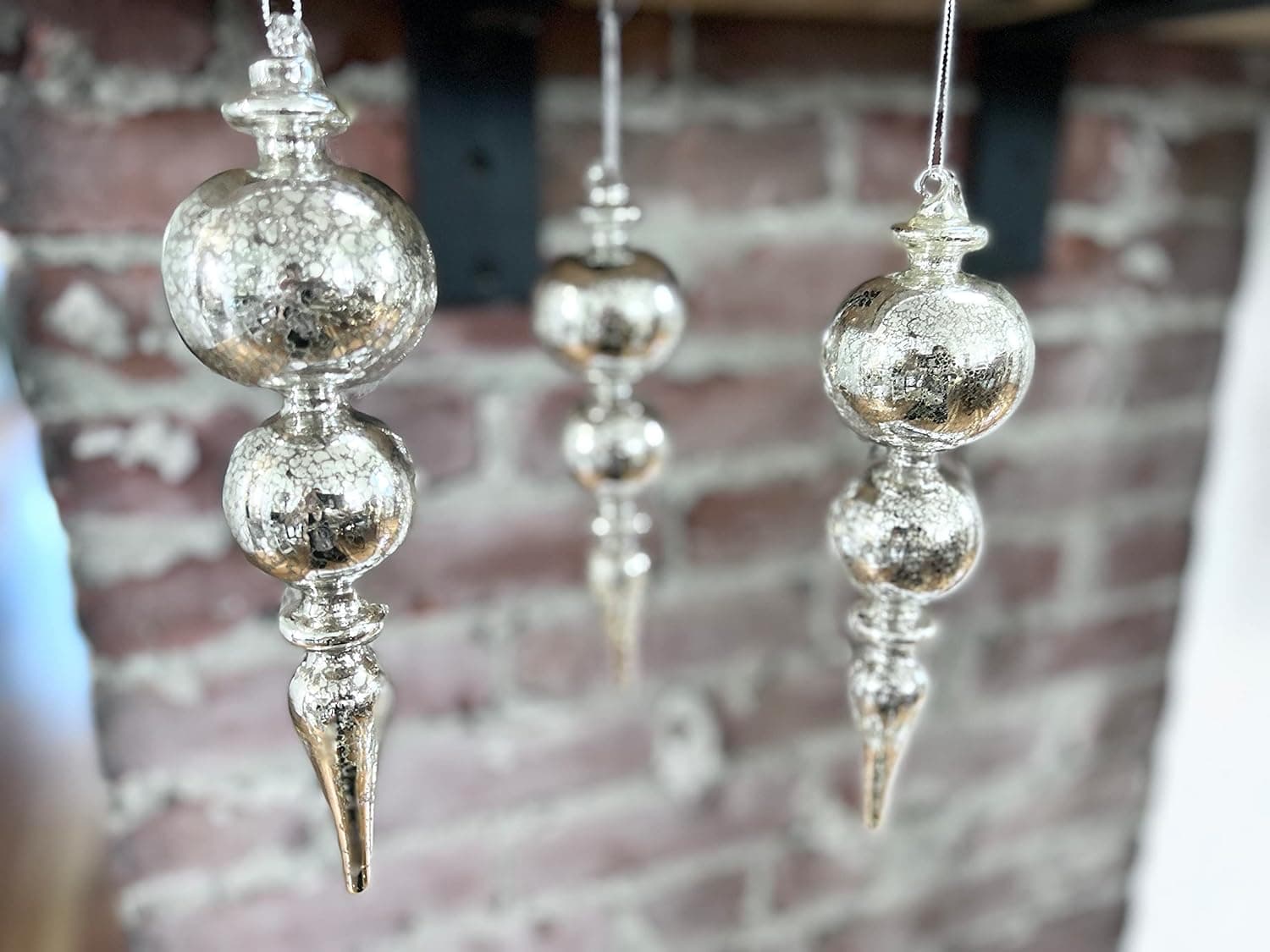 Mercury Glass Christmas Ornaments Set of 3 Hand Blown Hand Silvered Hanging Christmas Finials for Christmas Tree Decoration Vintage Holiday Décor, 8.5 inches in length