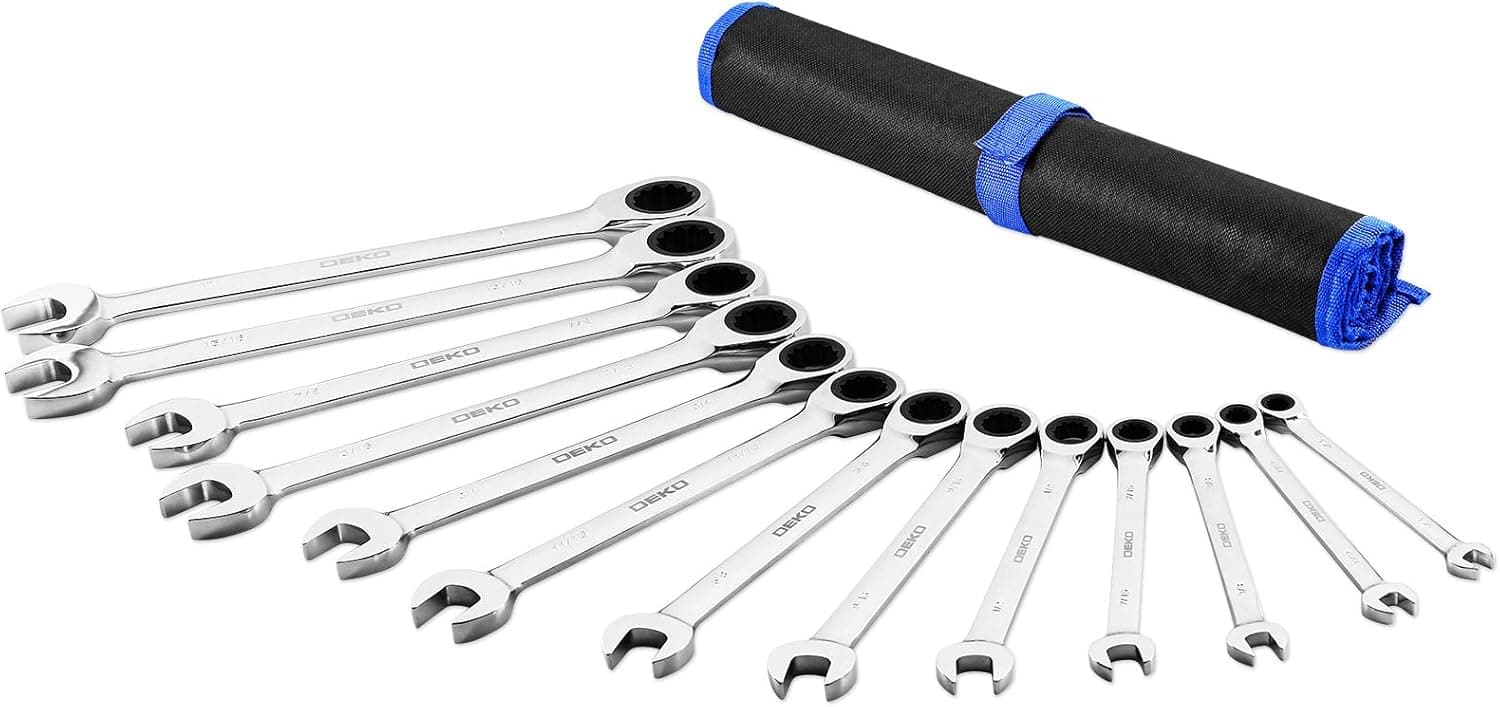 DEKOPRO Ratcheting Combination Wrench Set, SAE, Chrome Vanadium Steel, 13-piece, 5/16'' to 1'', with Portable Nylon Pouch