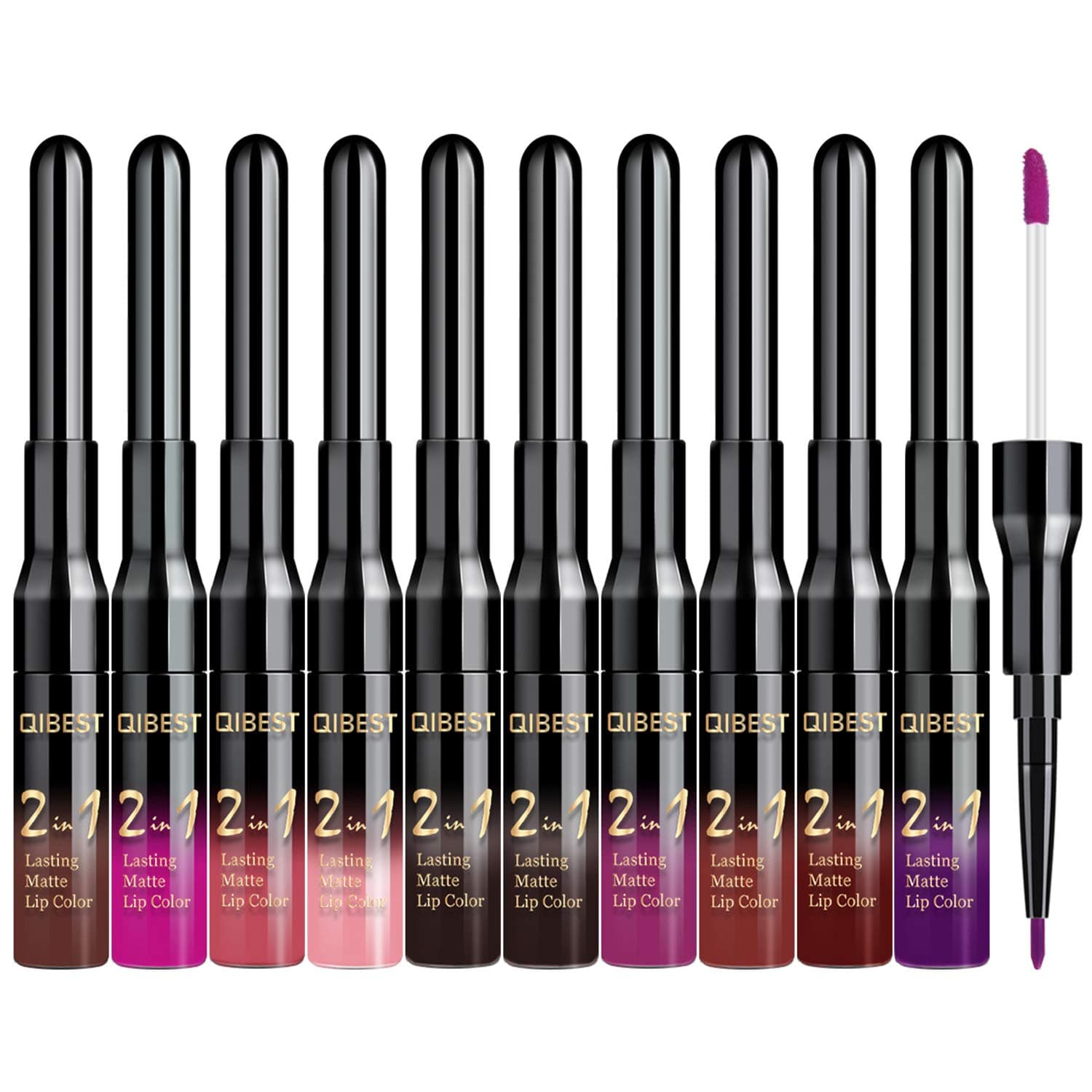 COOSA 10 Pcs Matte Liquid Lipstick Lip Liner Set 2 in 1 Velvet Matte Lipstick Lip Gloss Double-End Ended Lip Liner Lip Gloss Long-lasting Water-proof Liquid Lipstick Pen for Women Girls (11#-20#)