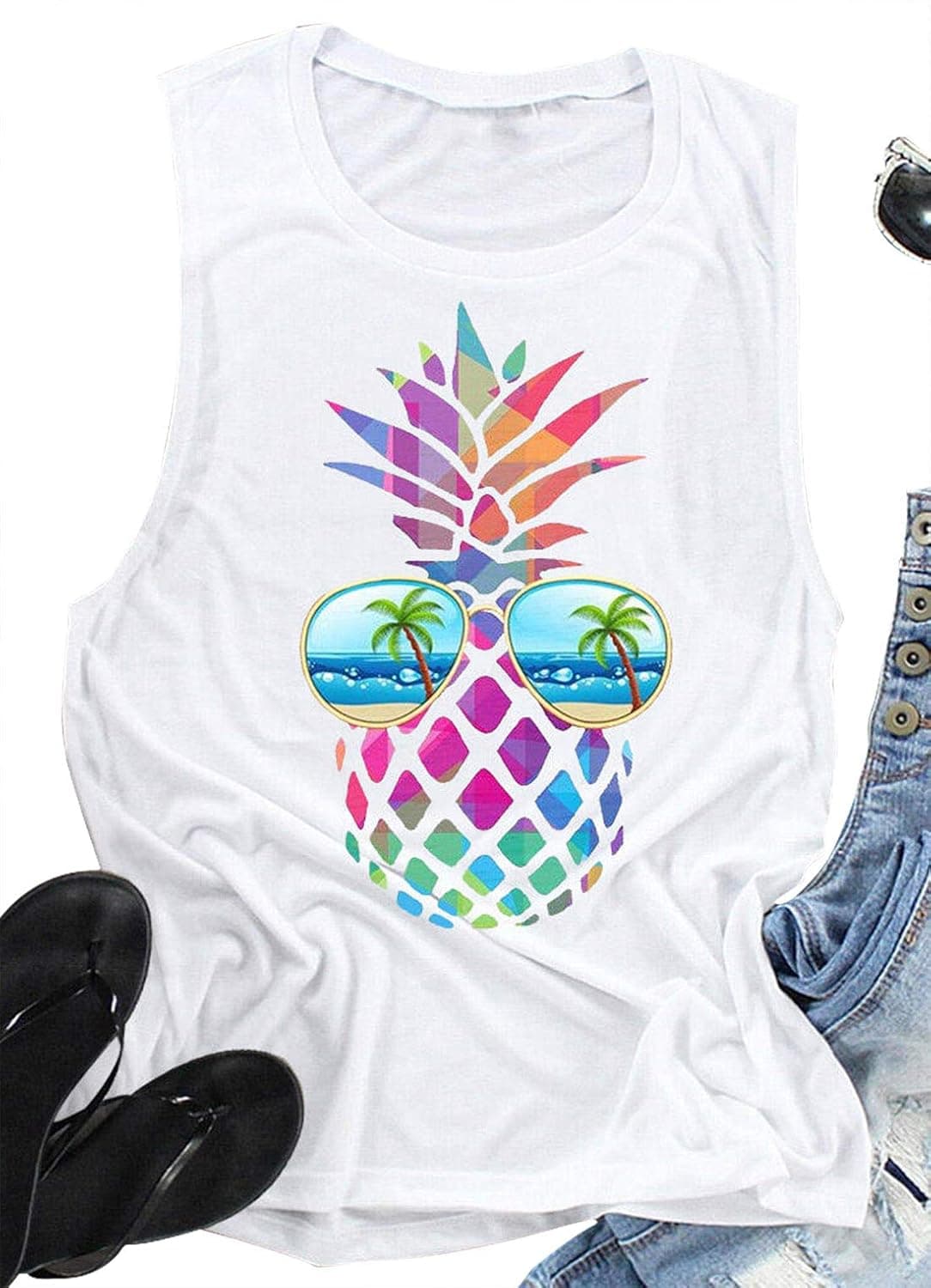 Vintage Colorful Pineapple Sunglasses Beach Tank Tops for Women Funny Graphic Vest Casual Summer Sleeveless Tee Shirts