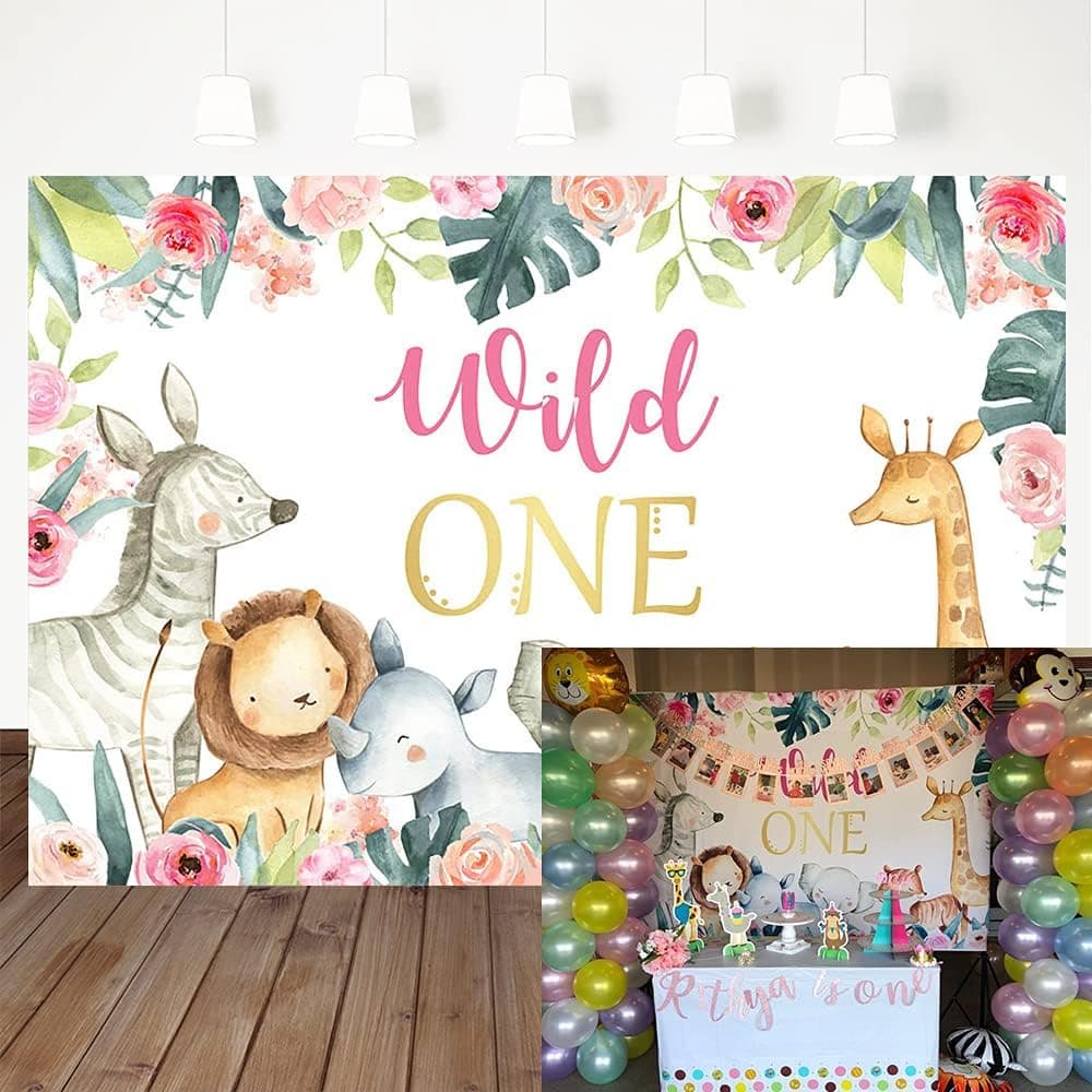 Avezano Wild One Birthday Backdrop, Girl Safari Animals First Birthday Party Decorations Pink Jungle 1st Birthday Party Banner Photography Background (7x5ft Vinyl)