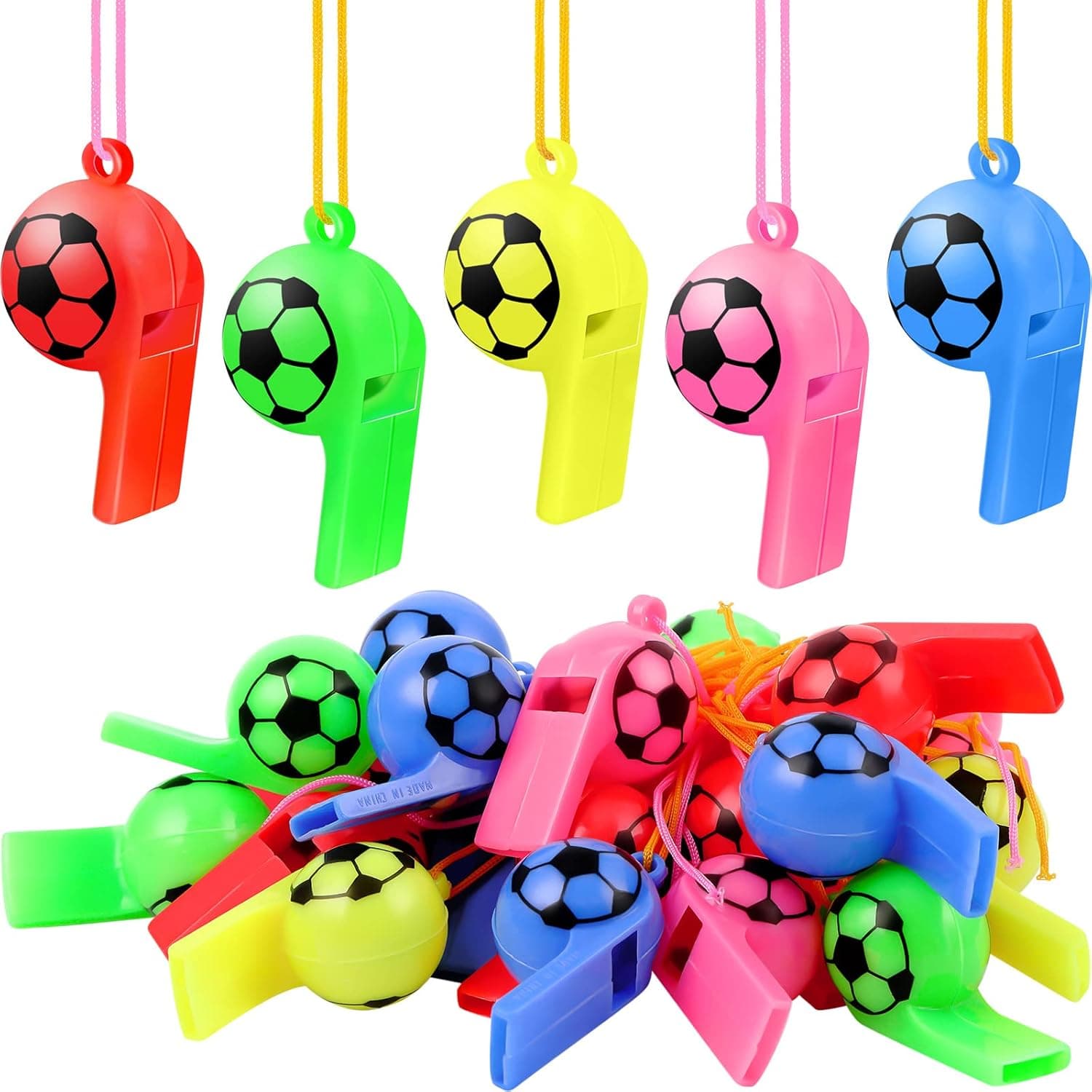 100 Packs Plastic Whistles with Lanyard Soccer Pattern Training Sports Whistle Soccer Party Favors Soccer Safety Whistle Loud Crisp Sound Kids Whistle for Referee Teacher School Camping Soccer Party