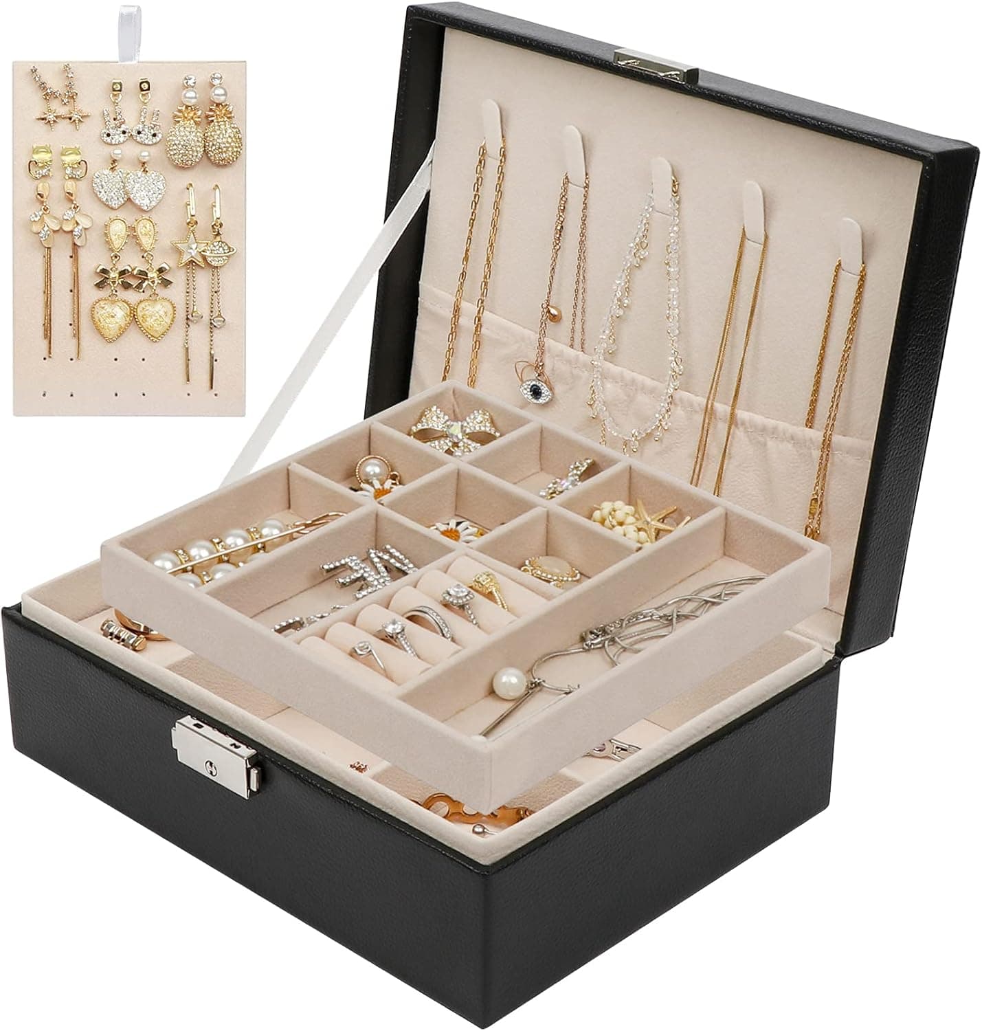 AerWo Jewelry Box for Women, 2 Layer Jewelry Holder PU Leather Jewelry Boxes & Organizers, with Lock and Removable Tray, Jewelry Cases for Storage and Display Rings Necklace Earrings Bracelets Watch