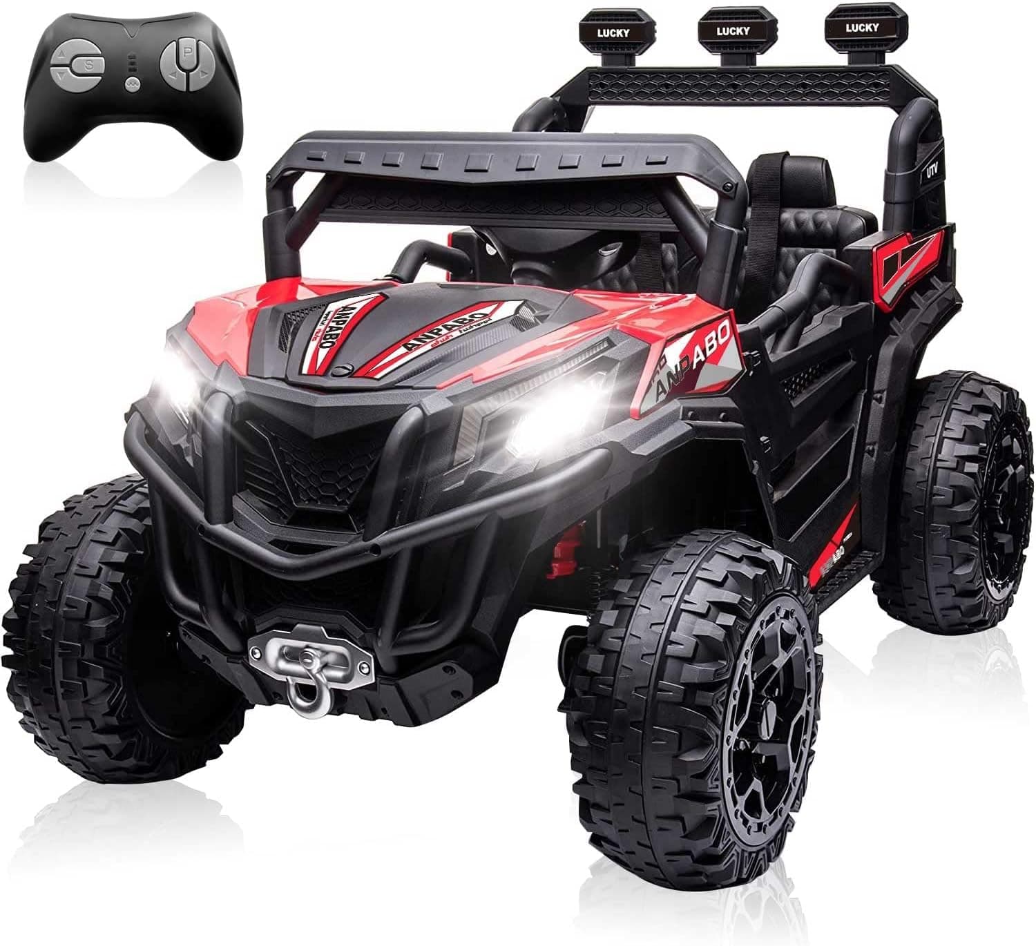 Ride On Toy, ANPABO 12V Ride On Truck with Remote Control, Off-Road UTV with Spring Suspension, Adjustable Speed, Safety Belt, LED Lights, MP3 Player, Storage Trunk, Gift for Kids - Red