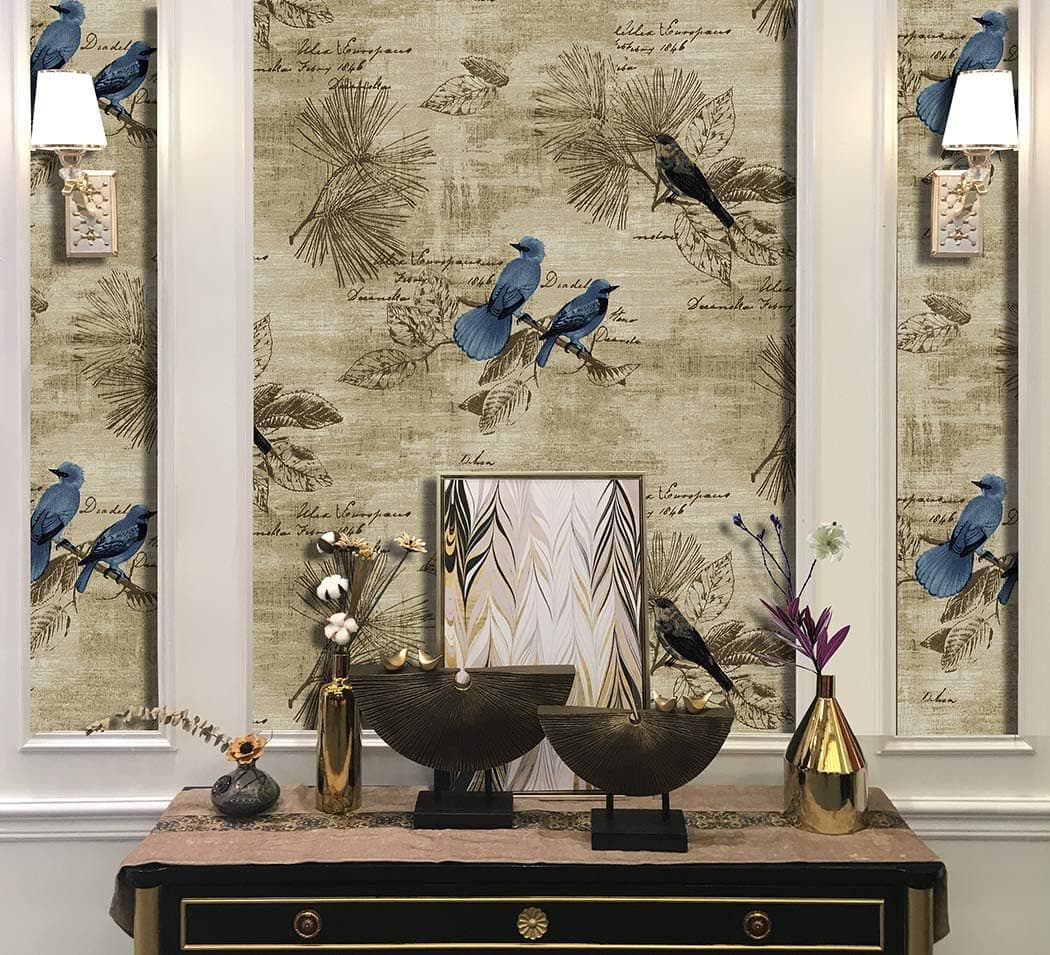 YIFU Life F9070 Flower Birds Peel and Stick Wallpaper 17.7"x 9.8ft Khaki/Blue Vinyl Self Adhesive Contact Paper for Home Decor