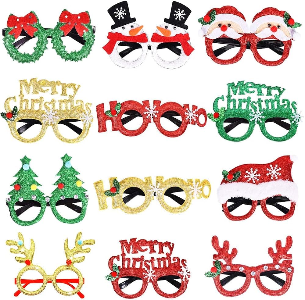 Number-one 12 Pieces Christmas Glitter Party Glasses Christmas Decoration Costume Eyeglasses Party Glasses Frame for Holiday Favors Christmas Ornaments Gift, Assorted Styles