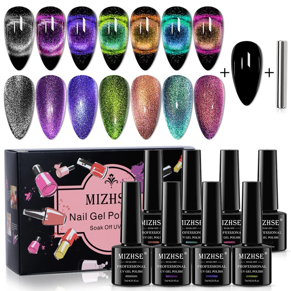MIZHSE Gel Top Coat 9D Cat Eye Gel Nail Polish Set, Universal Sliver Cat Eye Gel Polish,Cat Eye Top Coat Gel Nail Polish 8PCS Magnetic Gel Nail Polish Set With Magnet, Magic Chamelon Gem Effect Gel Polish Set