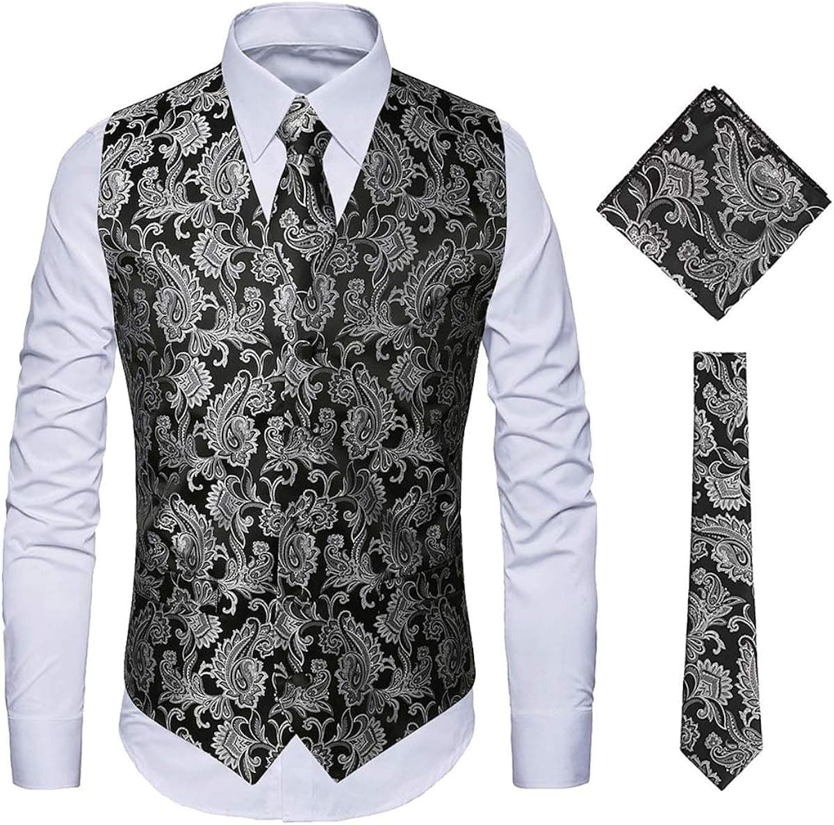 MAGE MALE Men's 3pc Paisley Vest Floral Jacquard Vest Waistcoat Necktie Pocket Square Set for Suit or Tuxedo Silver