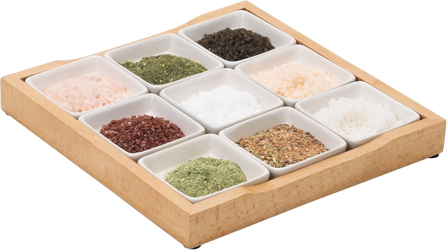 Trudeau Specialty Salts with 9 Pinch Bowls and Natural Wood Tray, Set of 9