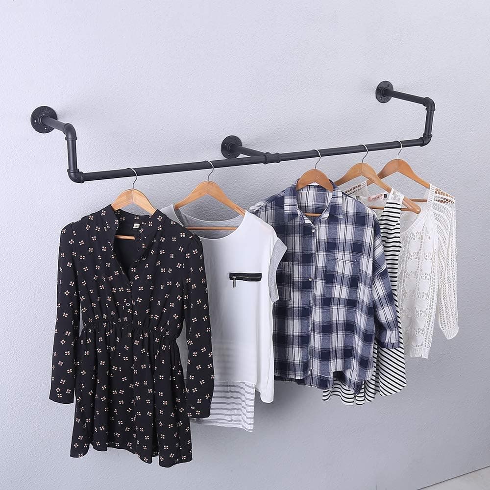 Industrial Pipe Clothes Rack Wall Mounted,Vintage Retail Wall Mount Pipe Clothing Rack,Metal Commercial Garment Rack for Hanging Clothes,Laundry Room Display Rack Cloths Rack(Black,39.3in)