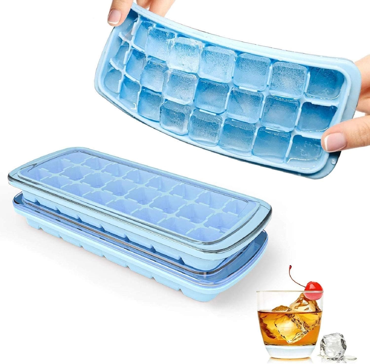 Ice Cube Trays with Spill-Resistant Removable Lid Silicone Ice Maker Easy-release Stackable for Whiskey Cocktails Chilled Drinks 48 Ice Cubes (2 Packs)