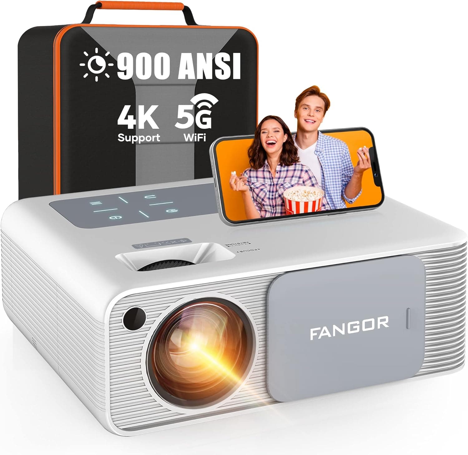 FANGOR 4K Supported Projector with 5G WiFi and Bluetooth - HD 900 ANSI 1080P Native Projector for Outdoor Movies, Home Video Projector with 4P Keystone 50% Zoom Supports TV Stick/Roku/Laptop/Phone