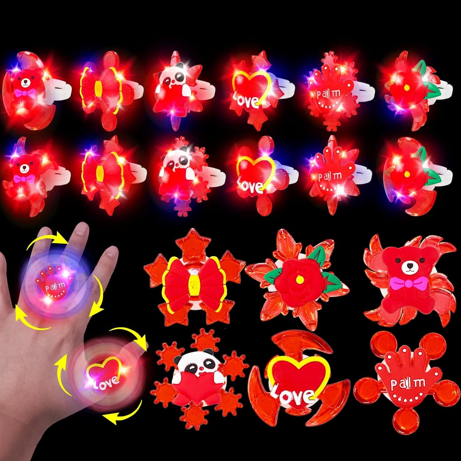 24 Pack Valentines Party Favors for Kids, 24 Light Up Spin Rings Fidget Toys LED Rotating Rings with 24 Valentine's Day Cards Gifts for Kids Classroom School Exchange Gift Boys Girls Prizes Carnival