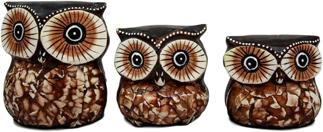 Hand Carved Wood Family of 3 See No Evil, Hear No Evil, Speak No Evil Owls Decor Sculptures NEW Design