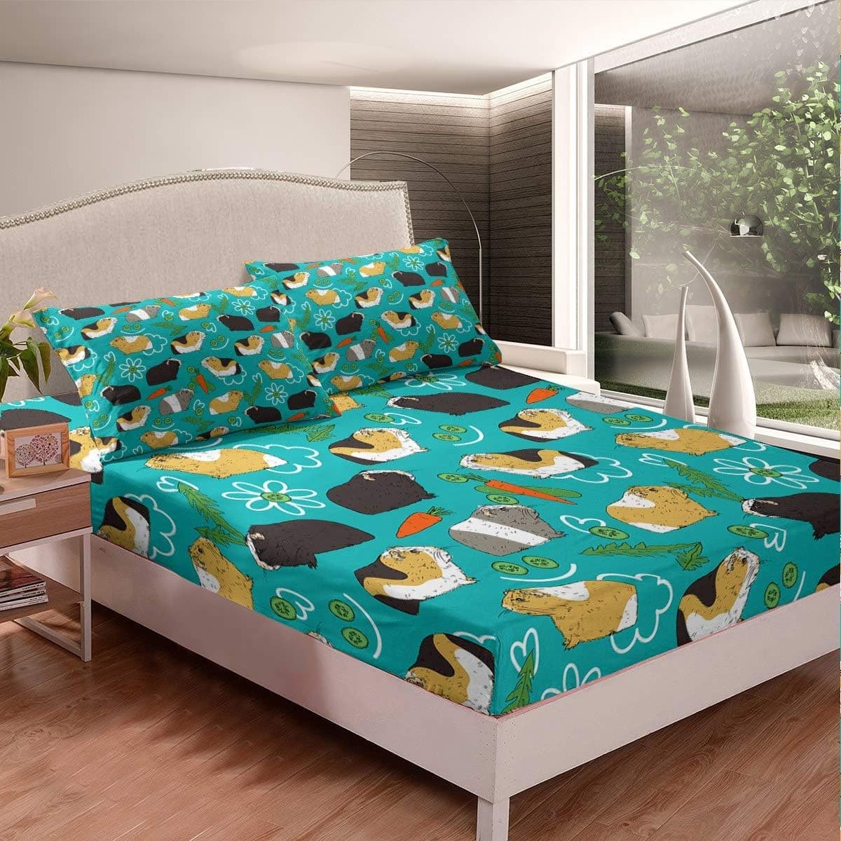 Feelyou Cartoon Hamster Bedding Set for Girls Boys Cute Guinea Pig Children Bed Sheet Set Decorative Pet Animal Theme Fitted Sheet Carrot Vegetable Bed Cover 2Pcs with 1 Pillowcase Twin Size