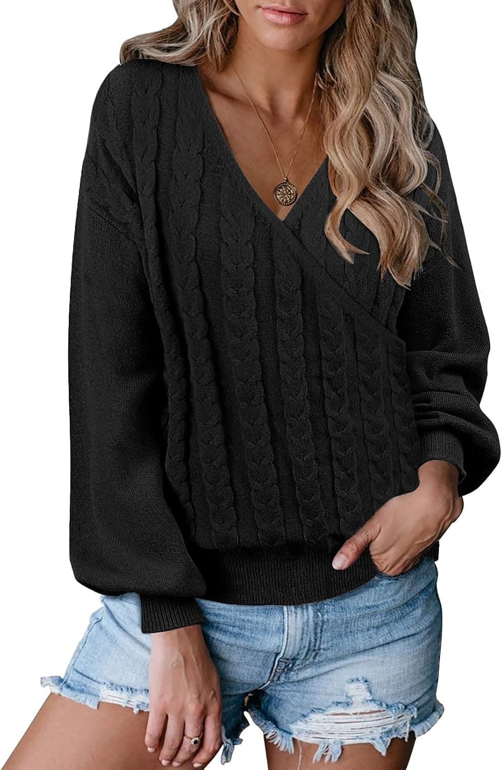 KYL Women's Wrap Deep V Neck Long Lantern Sleeve Cable Knit Sweater Pullover Top