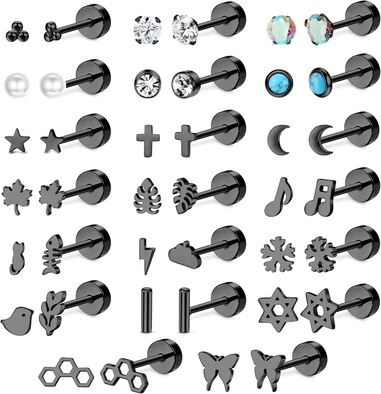 Subiceto 20 Pairs Flat Back Stud Earrings Stainless Steel Hypoallergenic Butterfly Pearl Star Moon Cross Heart 20G Cartilage Earrings
