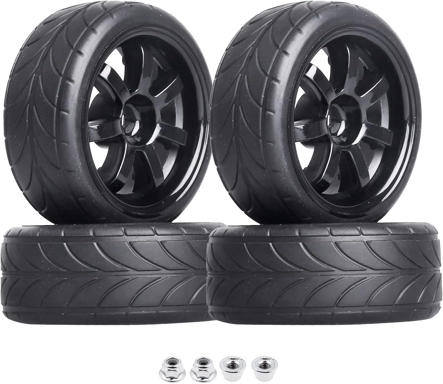 4PCS Width:1.02" (26mm) OD 2.56"(65mm) Rubber Tires & Wheel Rims 12mm Hex Hub For 1/10 Scale RC Vehicle On Road Touring Car
