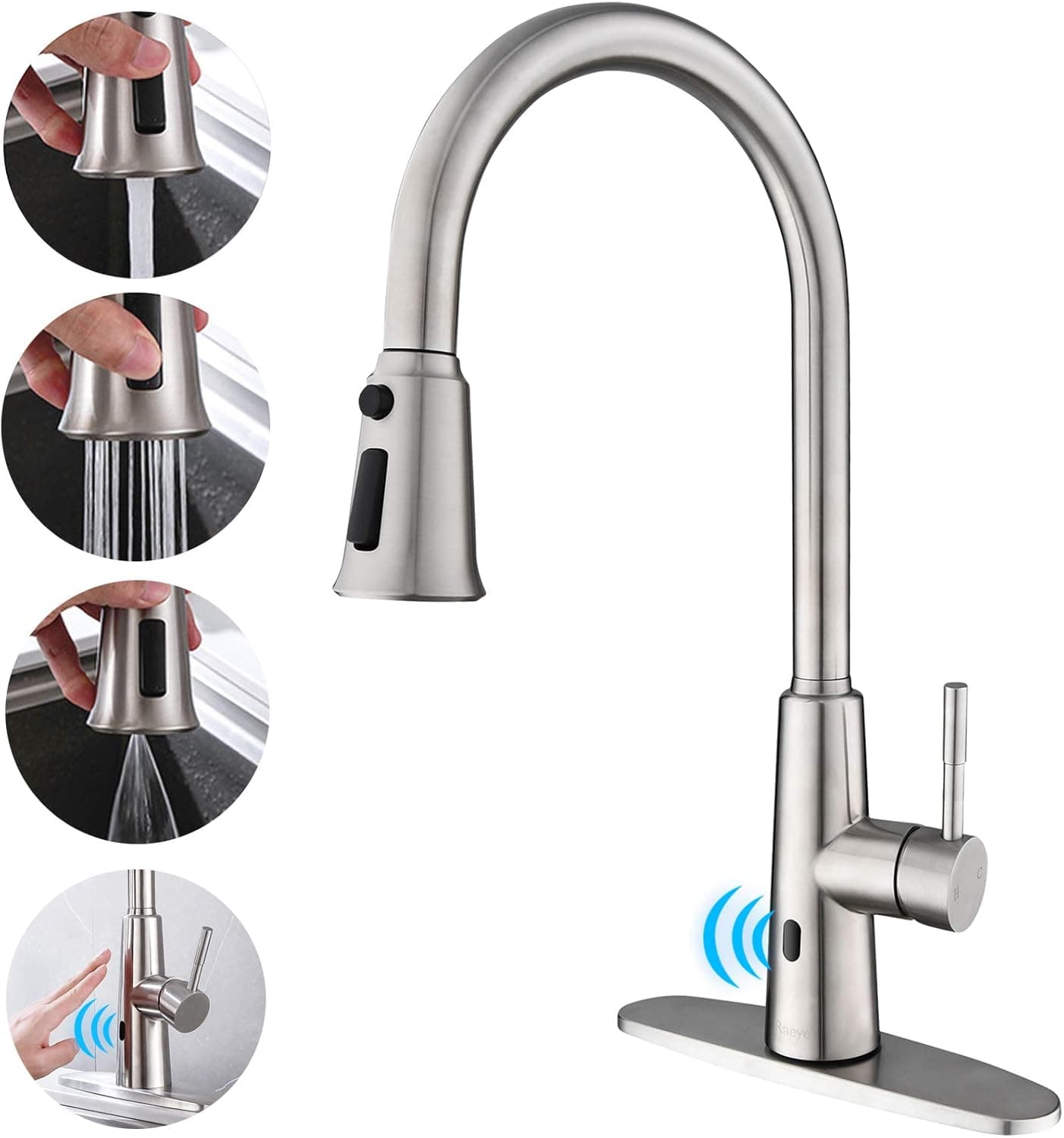 Raeye Brushed Nickel Touchless Kitchen Faucet Commercial One Hole Stainless Steel Sensor Kitchen Sink Faucet with Pull Down Sprayer,Single Handle Faucet for Kitchen Sink with Deck Plate